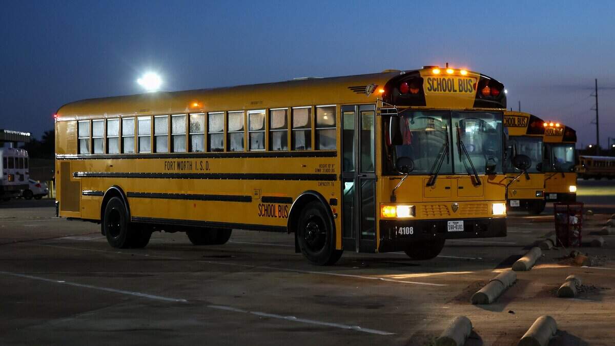 Buses prepare for the start of the first day of school at the Fort Worth ISD bus barn on Monday, Aug. 10, 2026.